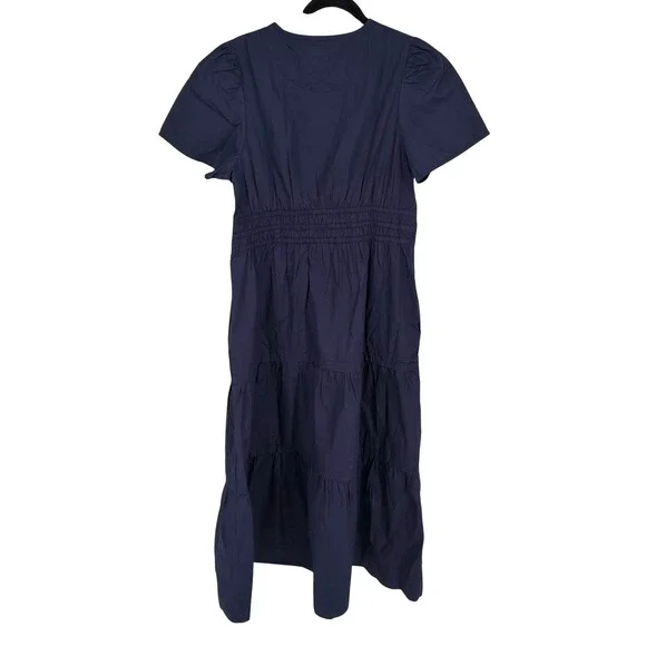 Quince 100% Organic Cotton Poplin Tiered Maxi Dress Women's L Navy Smocked Boho - Picture 4 of 14